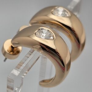 Gold Huggie Hoop Earrings Heart Crystal Dainty